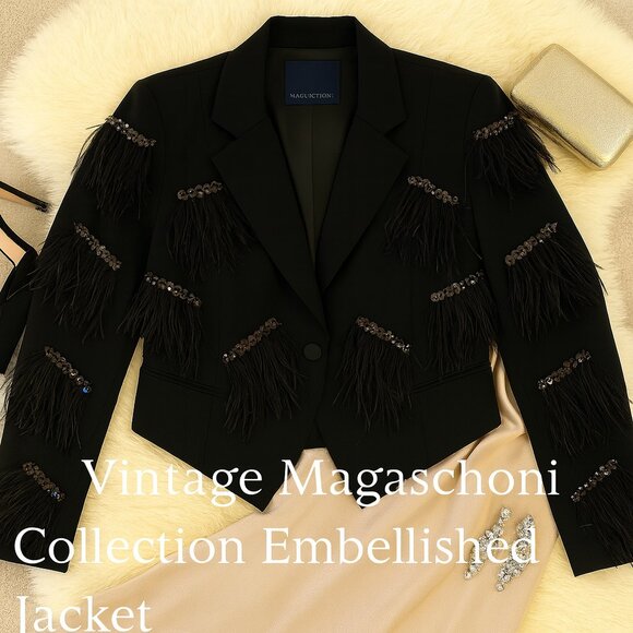 NWT Magaschoni Designer Runway Feather Sequin Cropped Evening Statement Blazer 4 - Picture 1 of 16